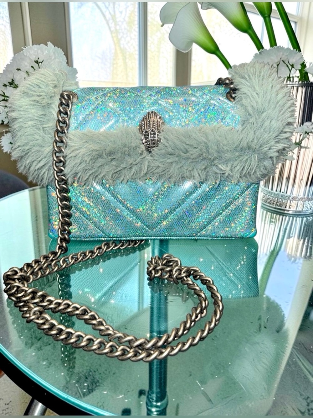 Kurt Geiger London Blue Faux Fur Mini Kensington Crossbody Bag